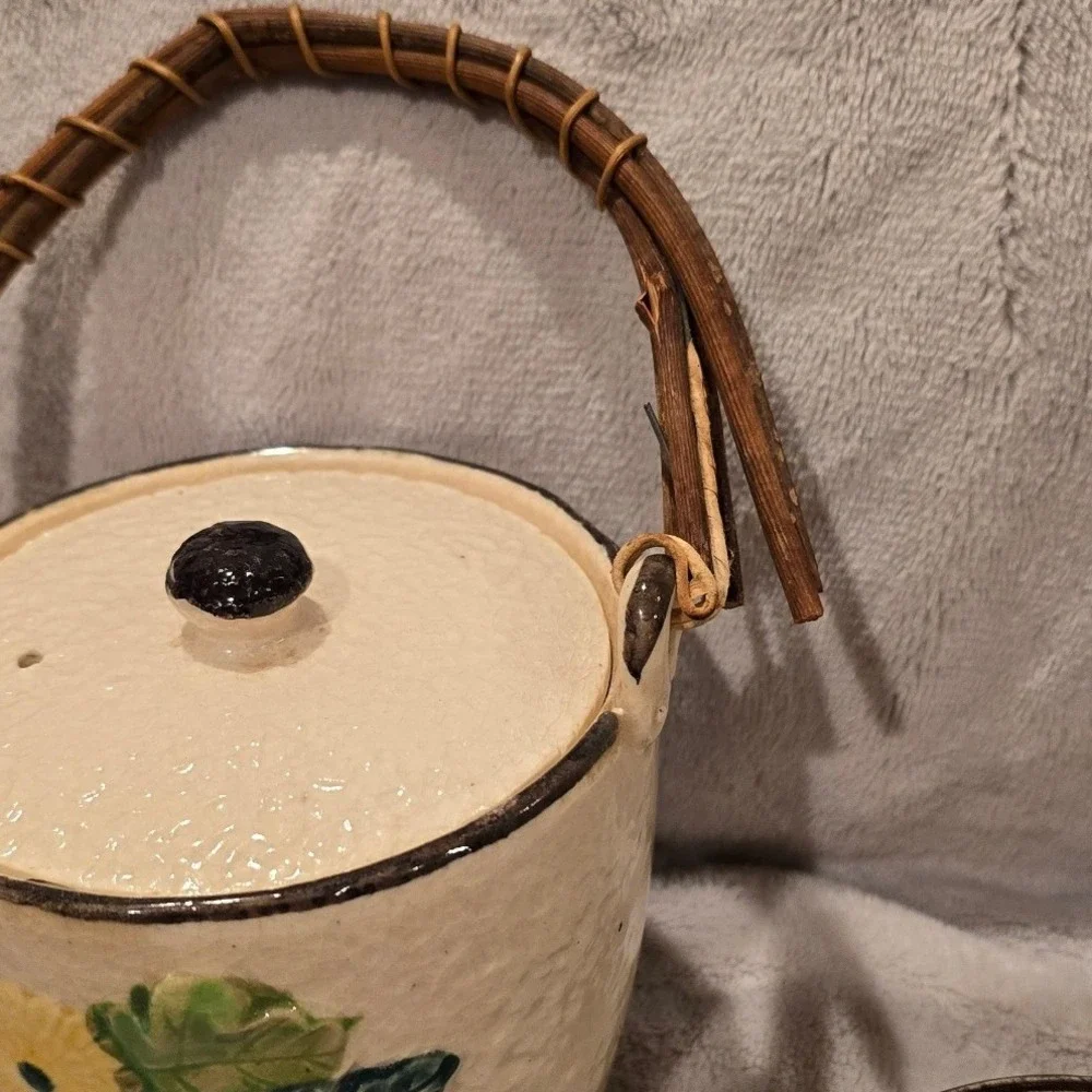 Vintage Made in Japan Floral Ceramic Tea Set Teapot 6 Cups Wicker Handle Cream